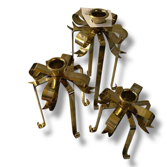 Bows Galore Vintage 1980's Brass Bow Candle Stick Holders Set of 3 Christmas - Picture 2 of 13